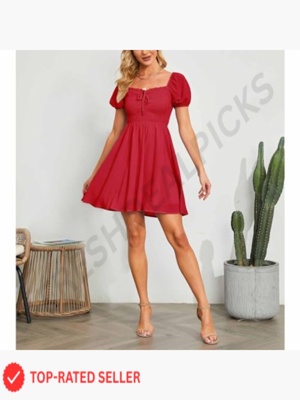 Sweetheart Neckline Smocked Sundress Puff Sleeve Drawstring Flowy Swing Dress - Picture 4 of 7